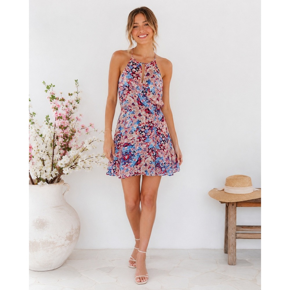 Parker Dress Womens Small Pink Floral Print Silk Lined Halter Peek-a-boo Bust